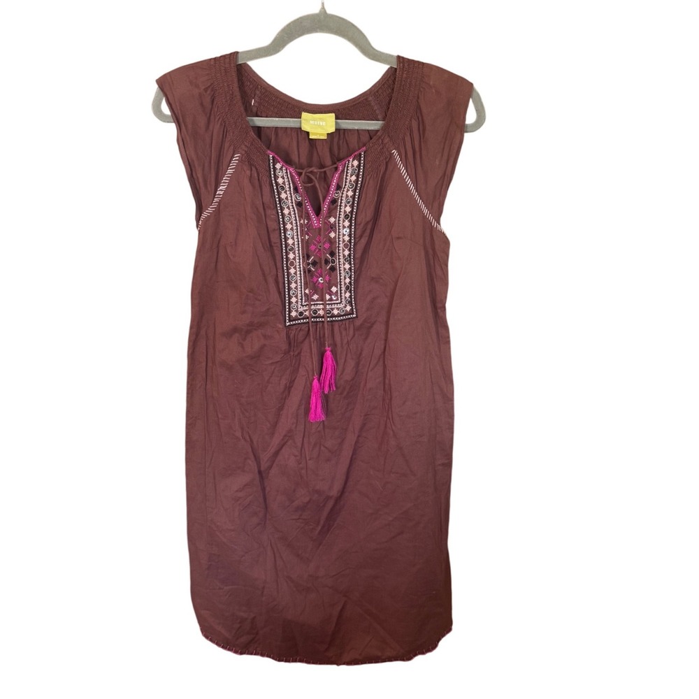 Maeve Embroidered Shift Dress Women 0 Brown Smock Cap Sleeves Pockets Boho Indie